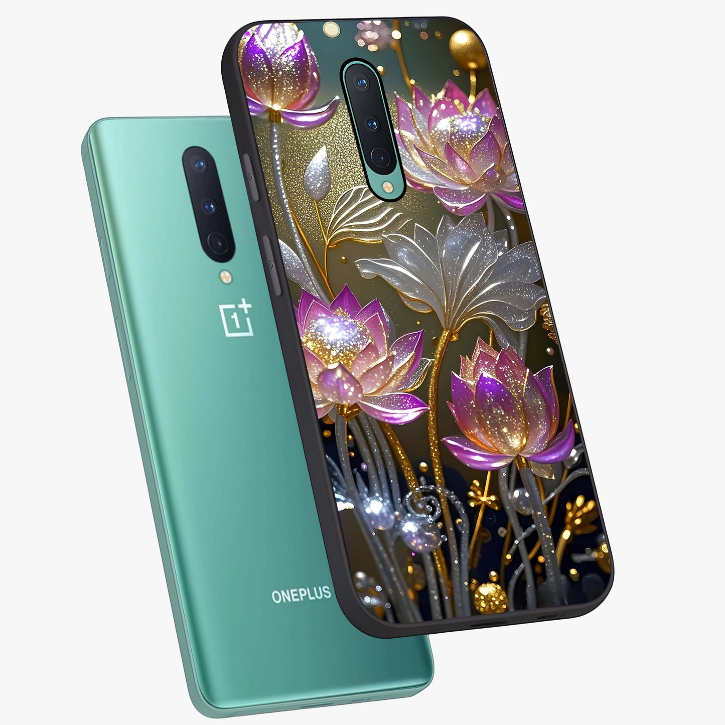 Golden Floral Majesty Glass Case displayed in angled mockup highlighting elegant flower design with royal golden aesthetic.