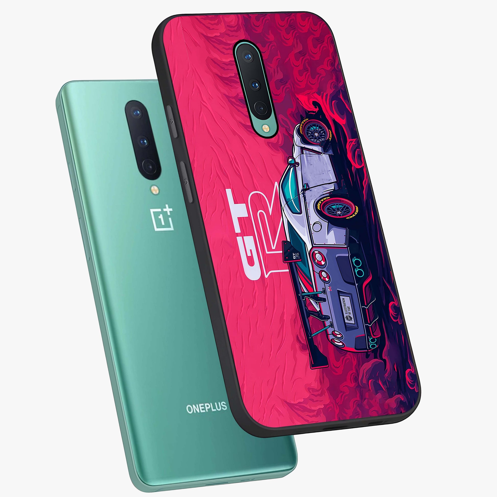 GT-R Car Pattern Glass Case displayed in angled mockup highlighting racing car graphic design with bold automotive aesthetic.