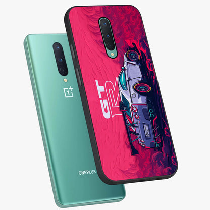 GT-R Car Pattern Glass Case displayed in angled mockup highlighting racing car graphic design with bold automotive aesthetic.