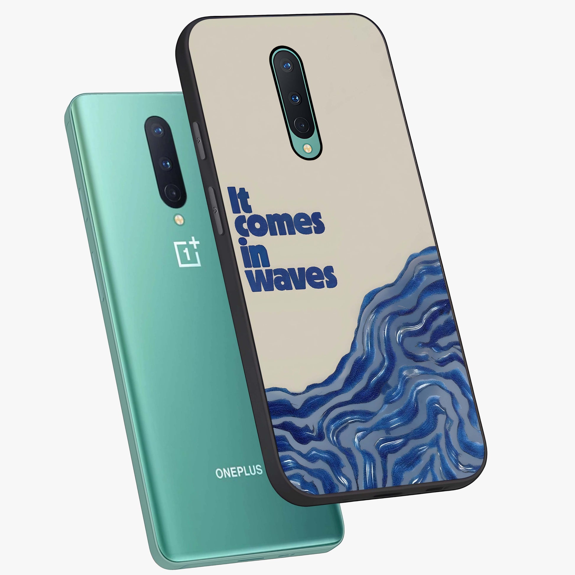 It Comes In Waves Quote Glass Case displayed in angled mockup highlighting ocean wave typography design with aesthetic style.