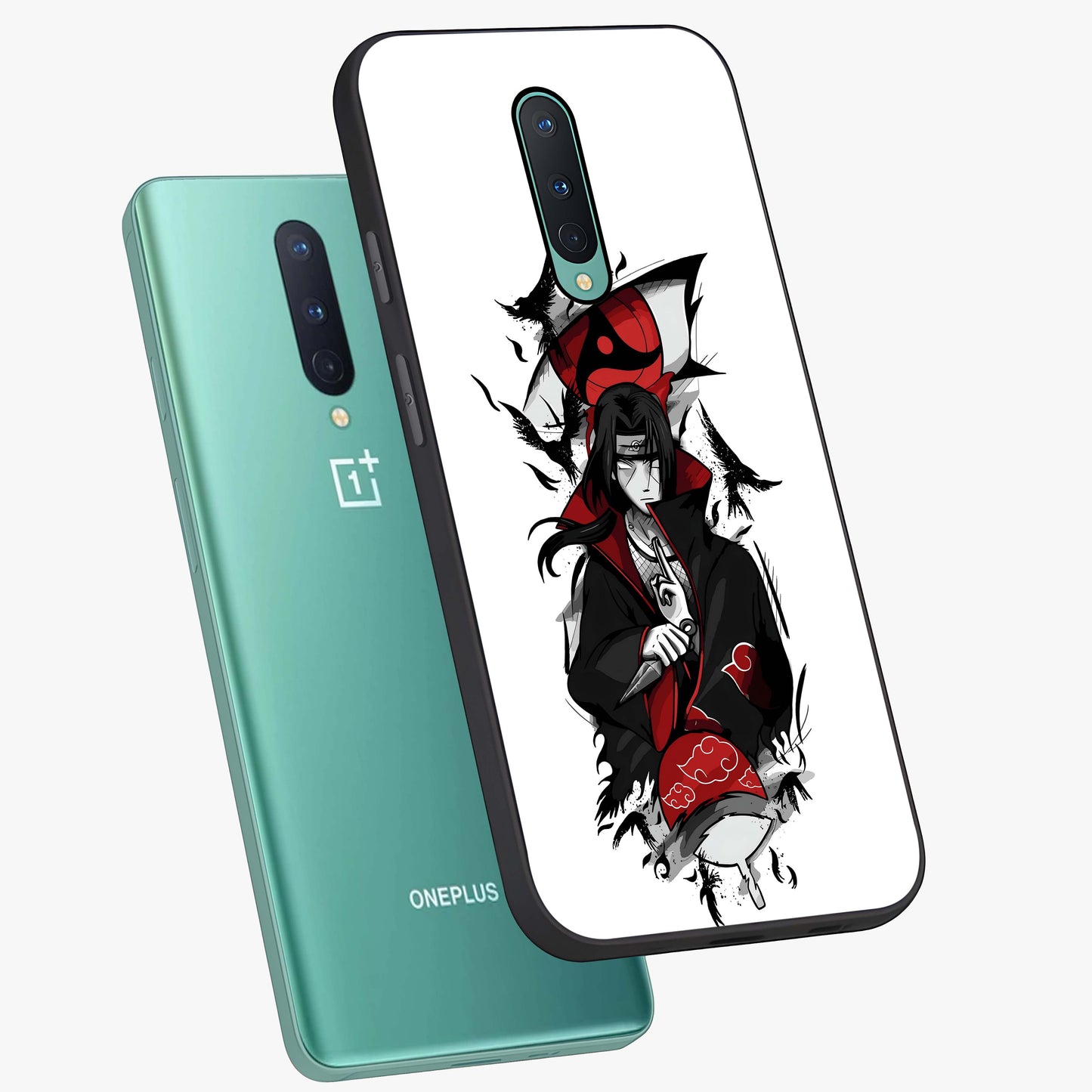Itachi Sharingan Glass Case displayed in angled mockup highlighting striking sharingan eye design with dramatic anime aesthetic.