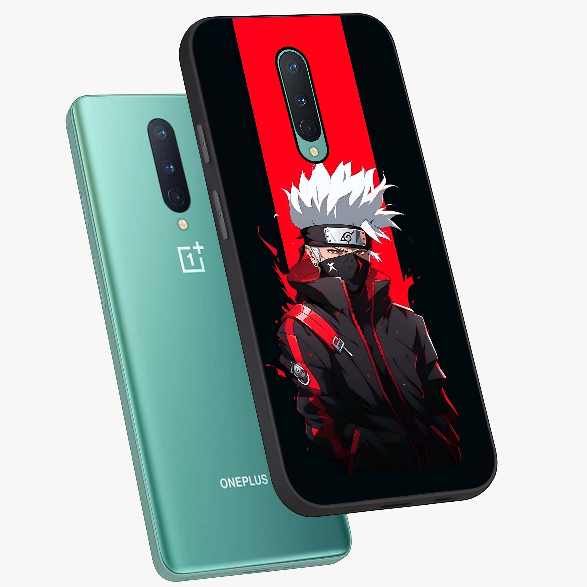 Kakashi Scarlet Shadow Glass Case displayed in angled mockup highlighting dramatic ninja illustration with scarlet themed aesthetic.