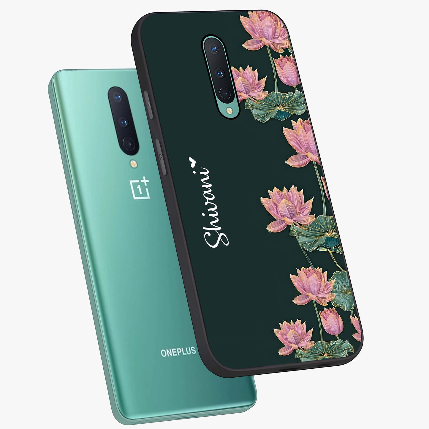 Lotus Bloom Serenity Custom Name Glass Case displayed in angled mockup highlighting graceful lotus illustration with custom name feature.