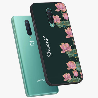 Lotus Bloom Serenity Custom Name Glass Case displayed in angled mockup highlighting graceful lotus illustration with custom name feature.