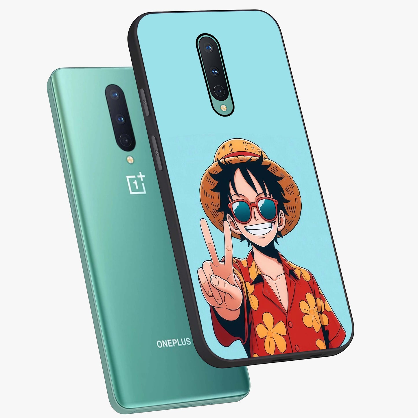 Luffy Summer Anime Vibe Glass Case displayed in angled mockup highlighting energetic anime illustration with summer vibe aesthetic.