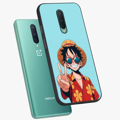 Luffy Summer Anime Vibe Glass Case displayed in angled mockup highlighting energetic anime illustration with summer vibe aesthetic.