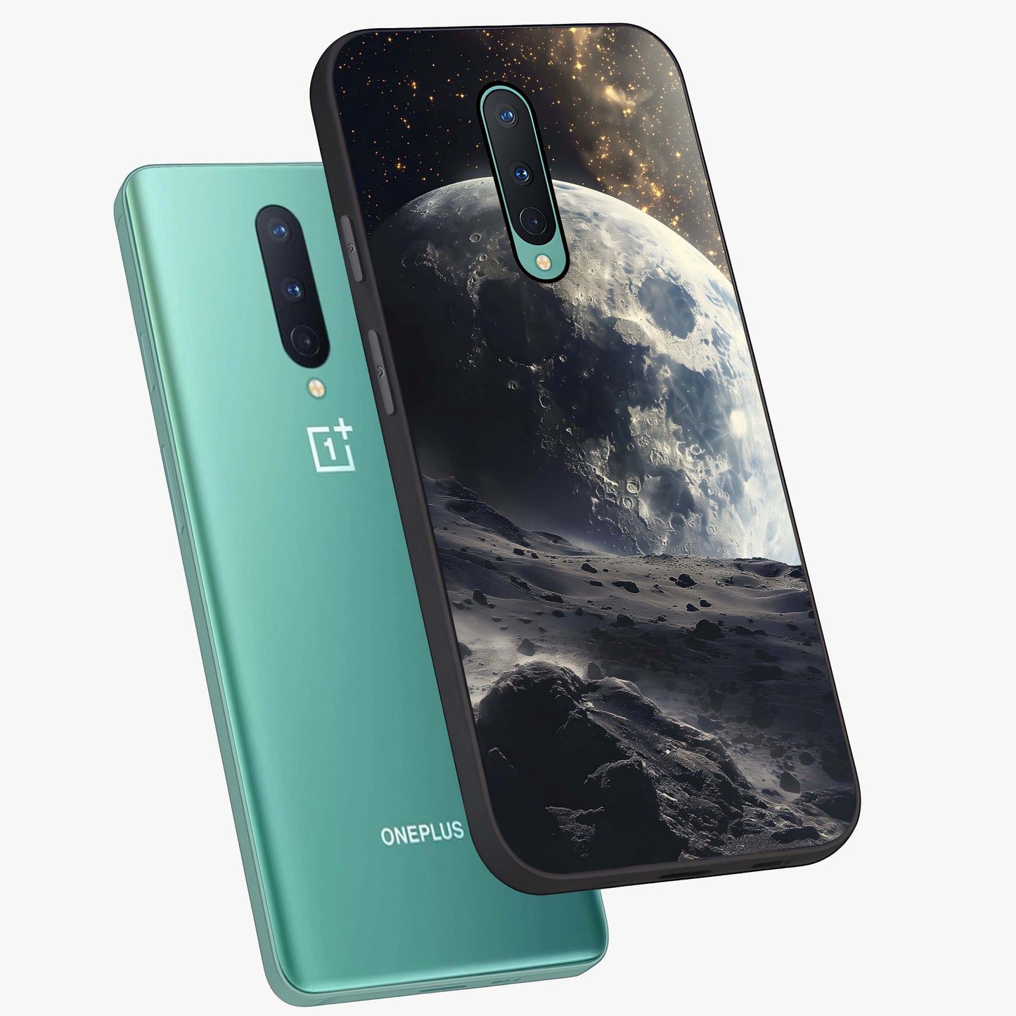 Lunar Horizon Glow Glass Case displayed in angled mockup highlighting celestial moon design with dreamy night aesthetic.