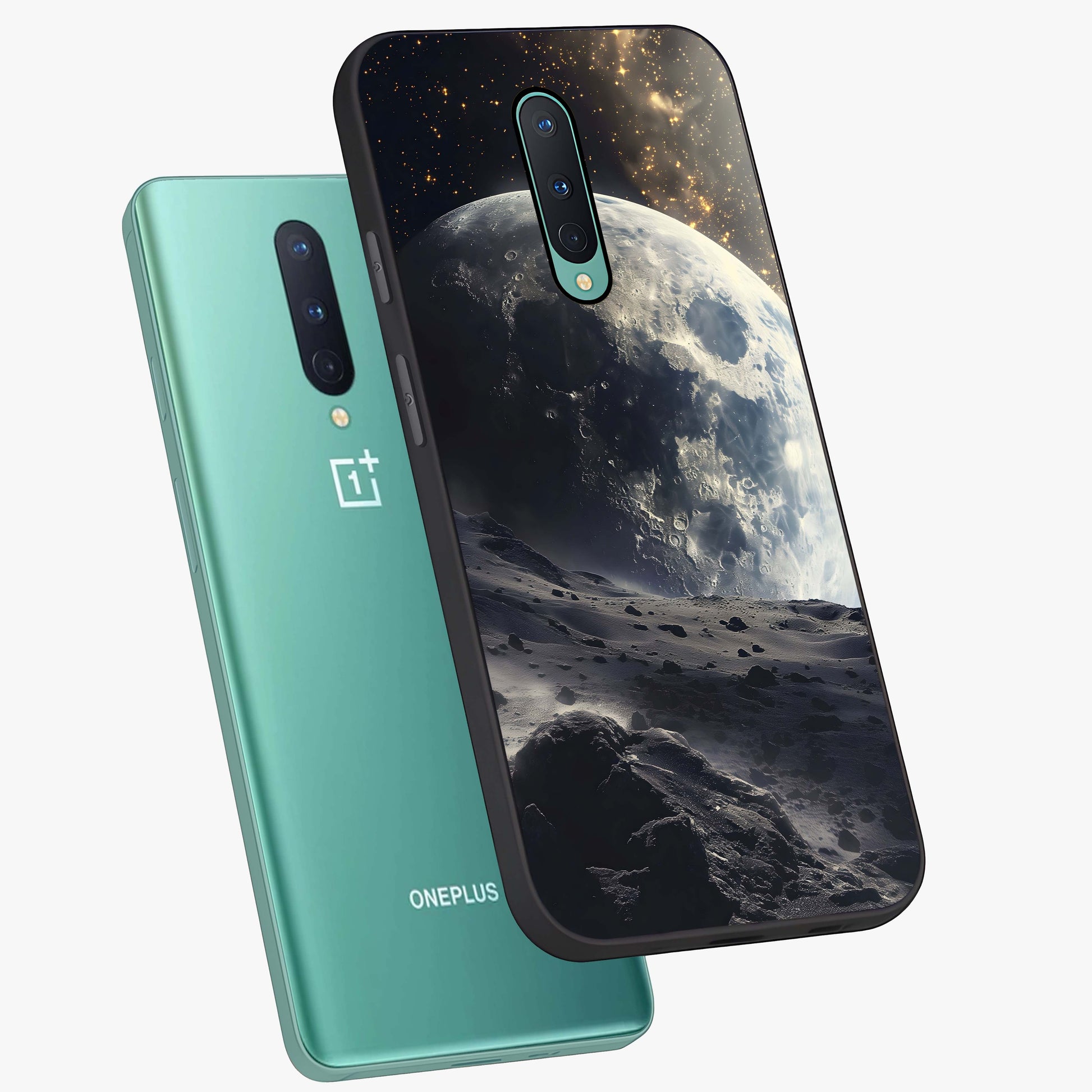 Lunar Horizon Glow Glass Case displayed in angled mockup highlighting celestial moon design with dreamy night aesthetic.