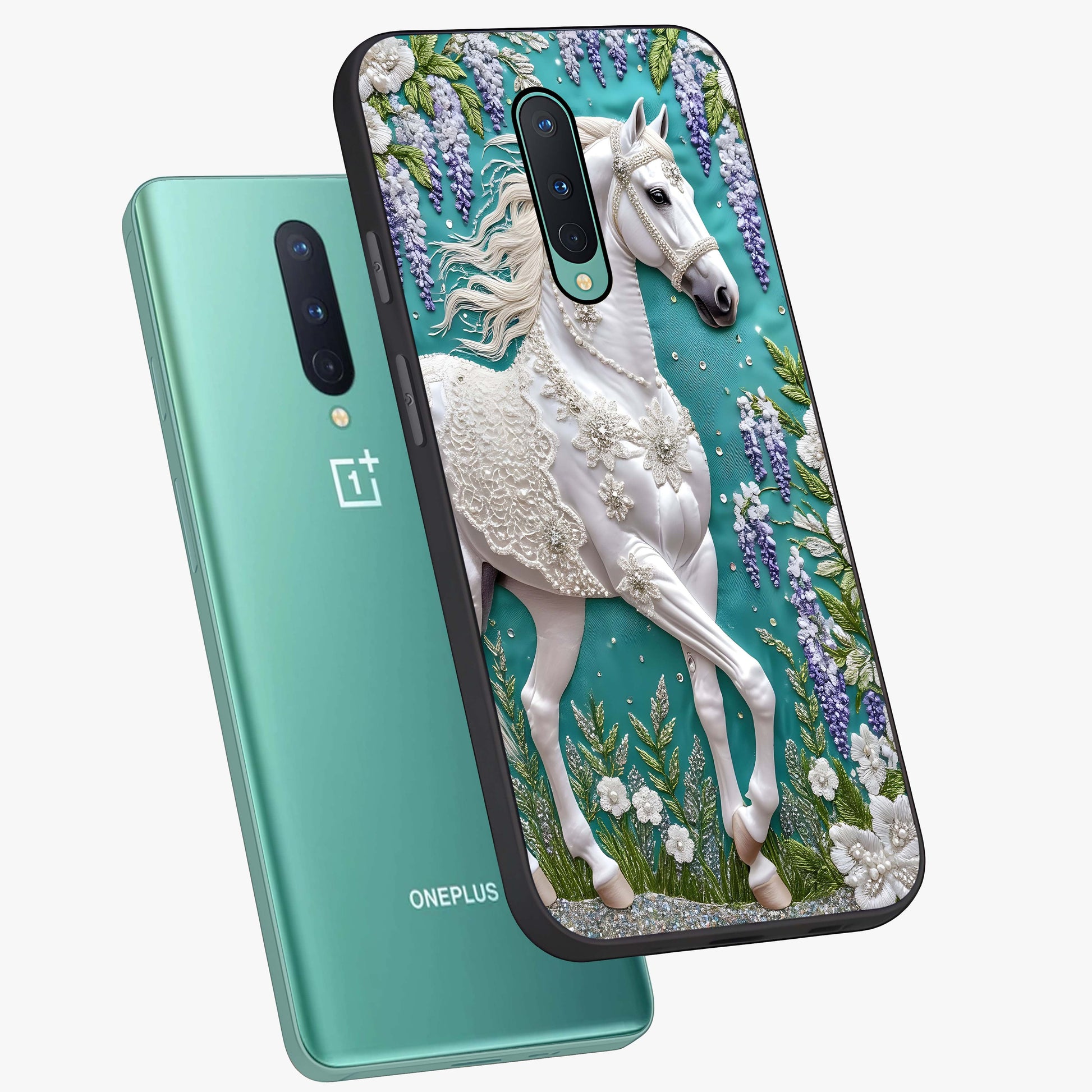 Majestic Floral Stallion Glass Case displayed in angled mockup highlighting majestic stallion illustration with elegant floral aesthetic.