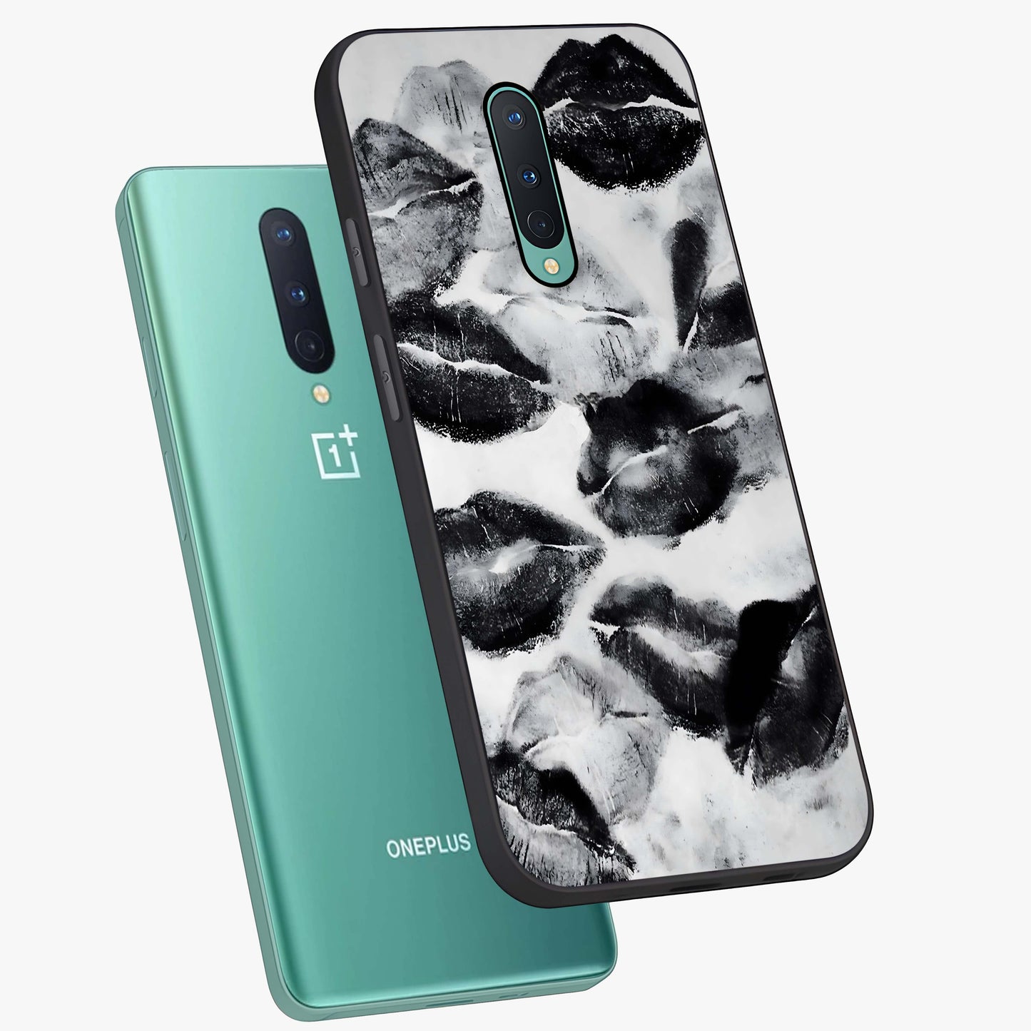 Midnight Kiss Marks Glass Case displayed in angled mockup highlighting playful romantic design with bold midnight aesthetic.