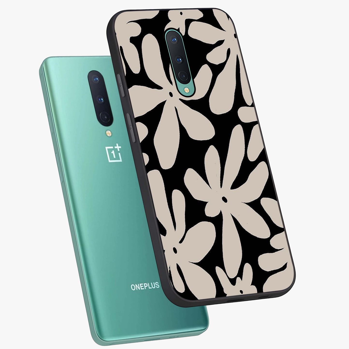 Monochrome Petal Dance Glass Case displayed in angled mockup highlighting elegant petal design with black and white aesthetic.