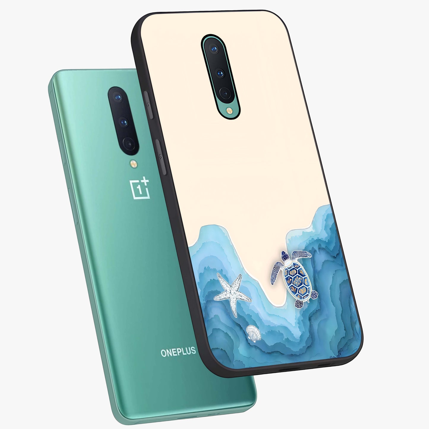 Ocean Drift Turtle Glass Case displayed in angled mockup highlighting peaceful ocean turtle illustration with marine aesthetic.
