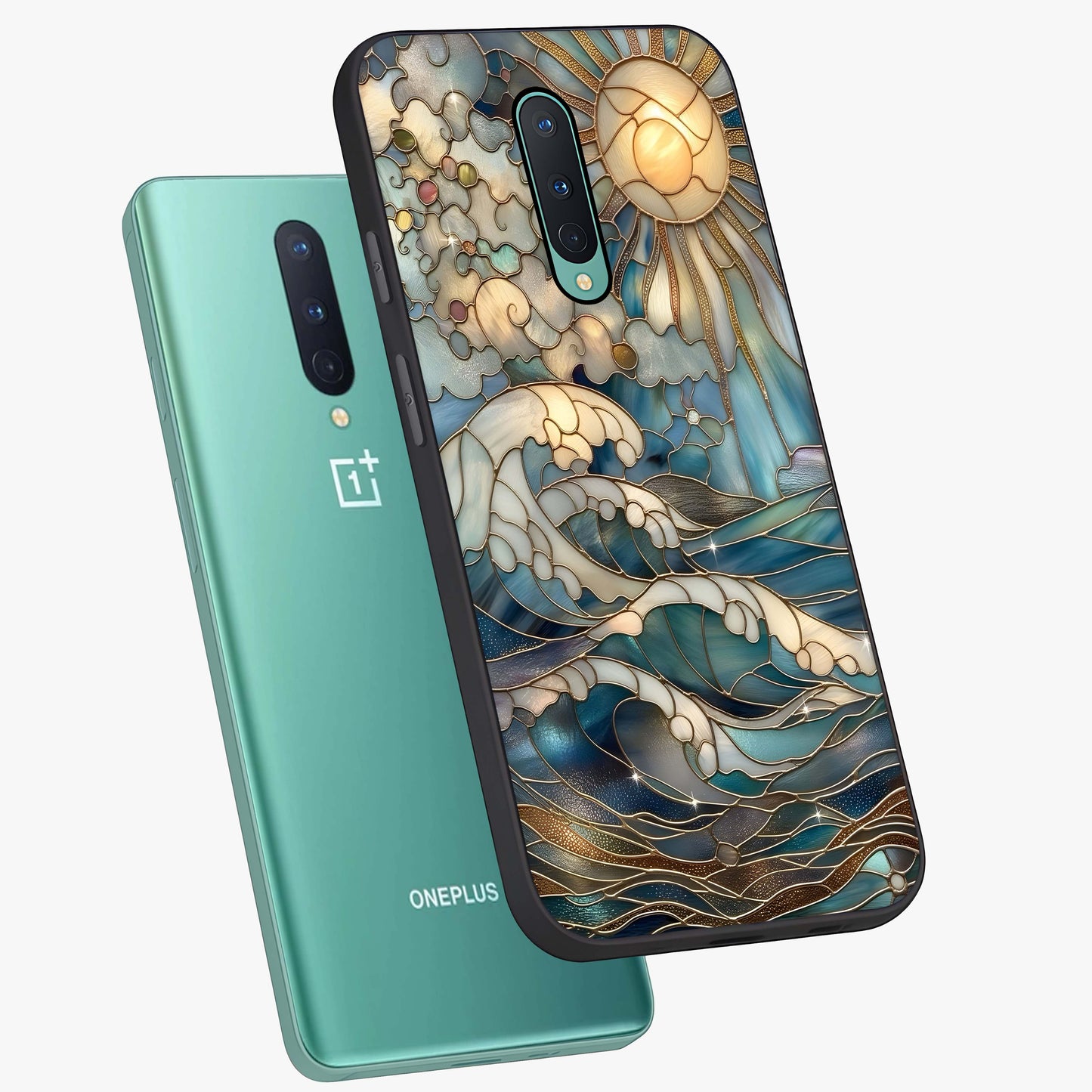 Oceanic Stained Printed Glass Case displayed in angled mockup highlighting colorful aquatic design with artistic aesthetic style.