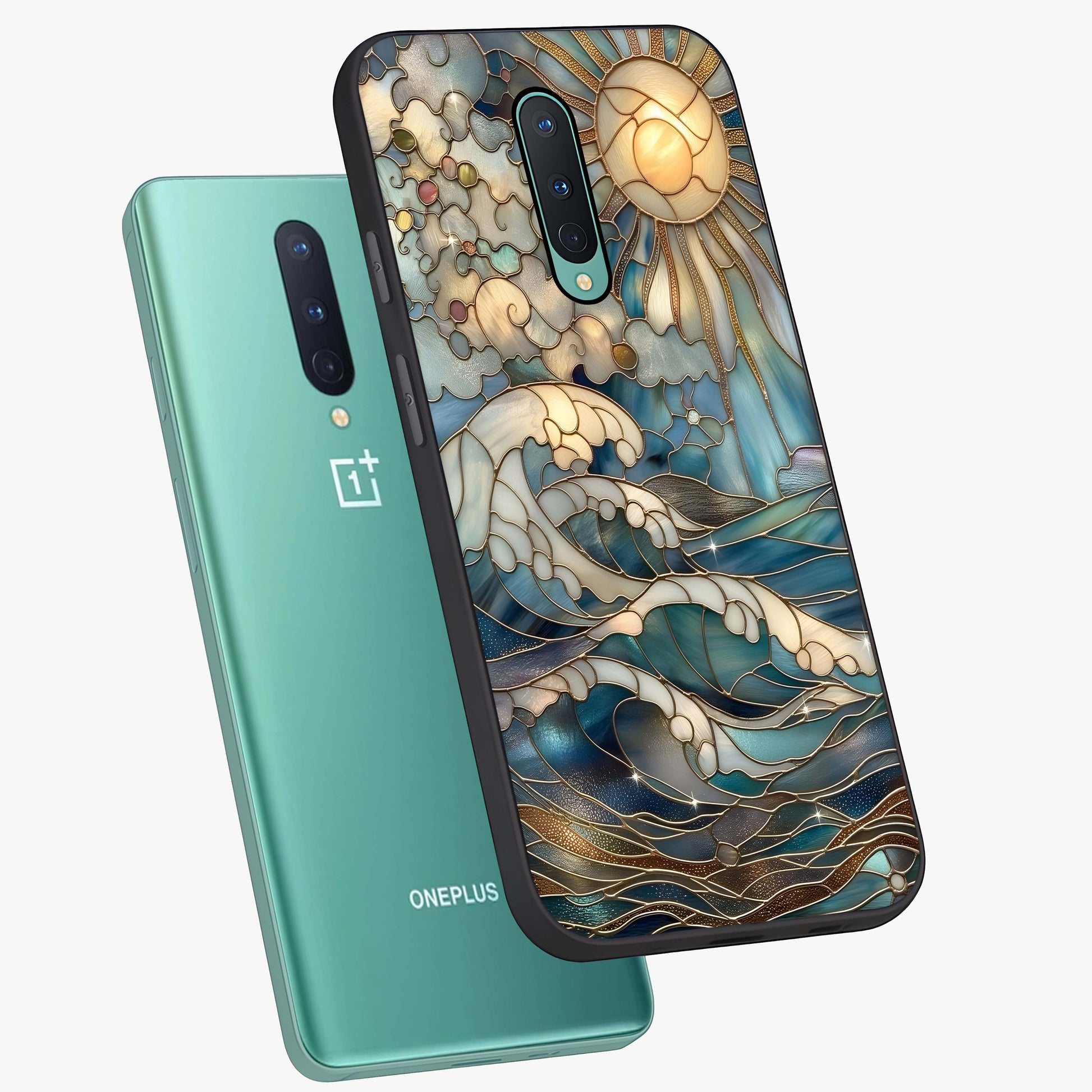 Oceanic Stained Printed Glass Case displayed in angled mockup highlighting colorful aquatic design with artistic aesthetic style.