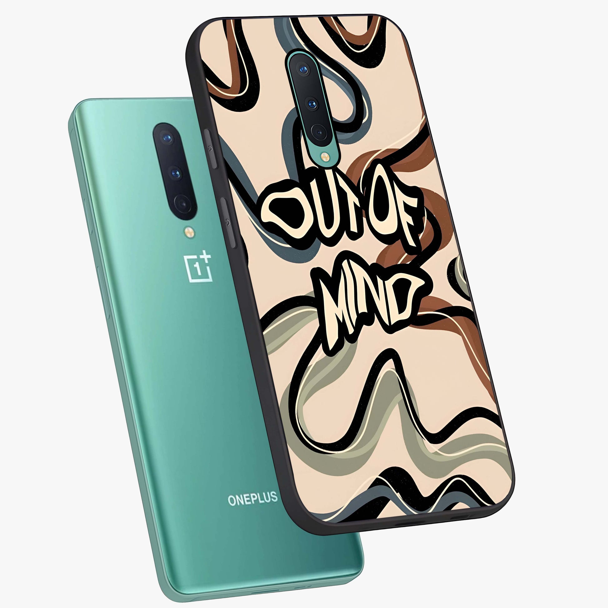 Out Of Mind Glass Case displayed in angled mockup highlighting bold statement design with modern artistic aesthetic.
