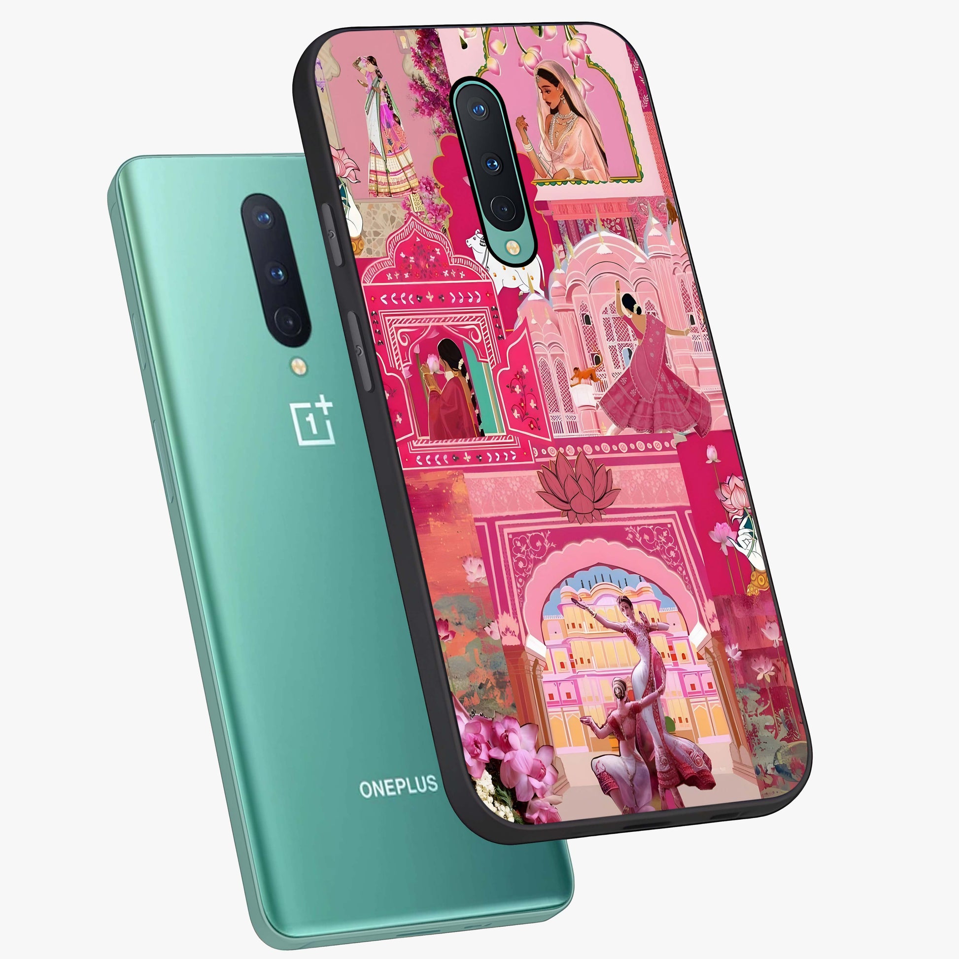 Pink Palace Muse Glass Case displayed in angled mockup highlighting dreamy palace illustration with soft pink aesthetic.