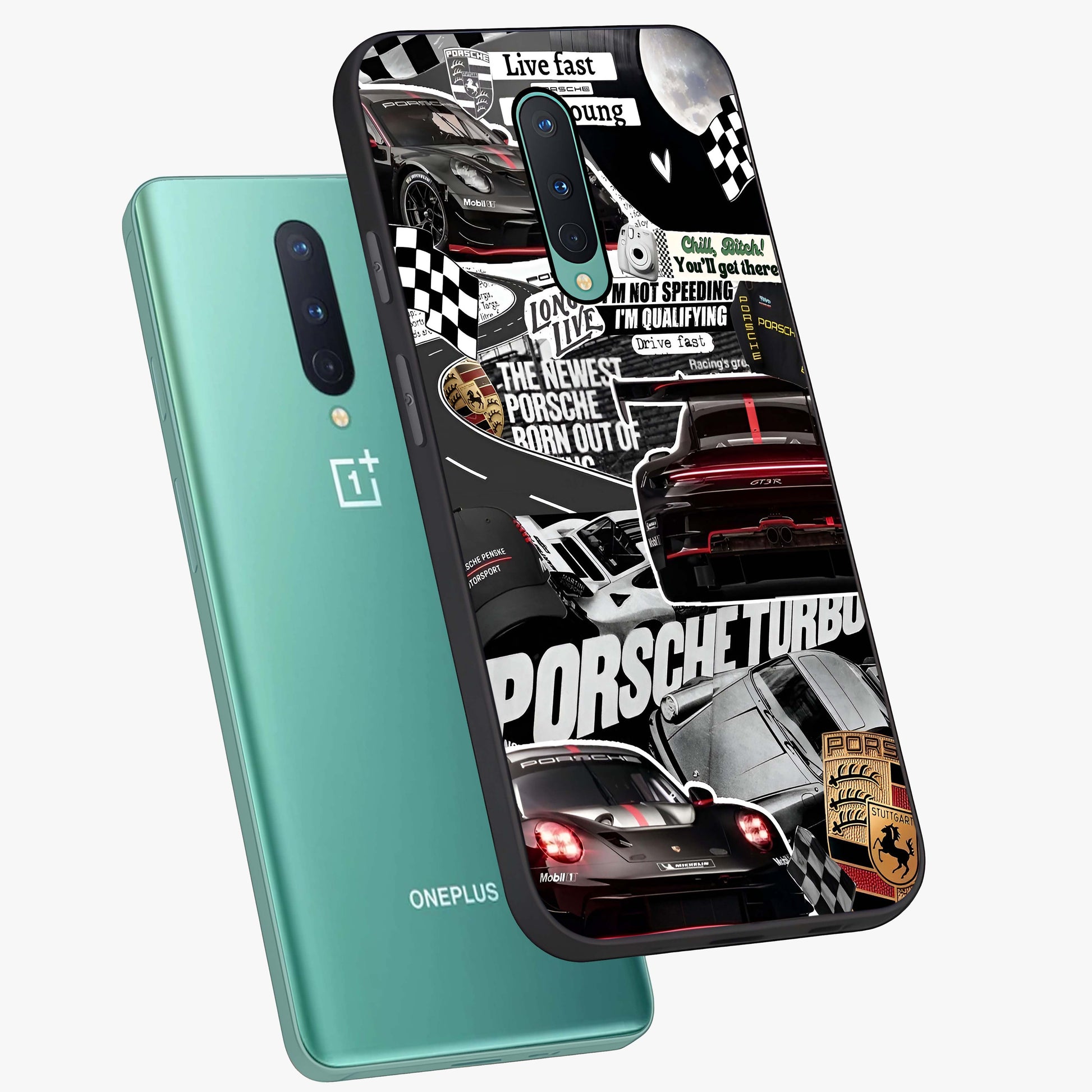 Porsche Racing Collage Glass Case displayed in angled mockup highlighting dynamic automotive design with bold racing aesthetic.