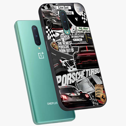 Porsche Racing Collage Glass Case displayed in angled mockup highlighting dynamic automotive design with bold racing aesthetic.