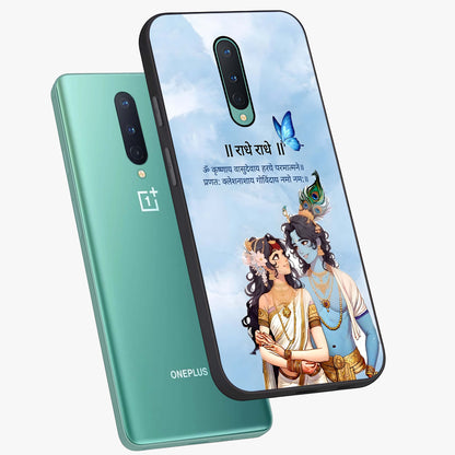 Radha Krishna Eternal Glass Case displayed in angled mockup highlighting divine Radha Krishna illustration with spiritual aesthetic.