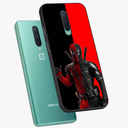 Red & Black Deadpool Theme Glass Case displayed in angled mockup highlighting vibrant superhero style illustration with action aesthetic.