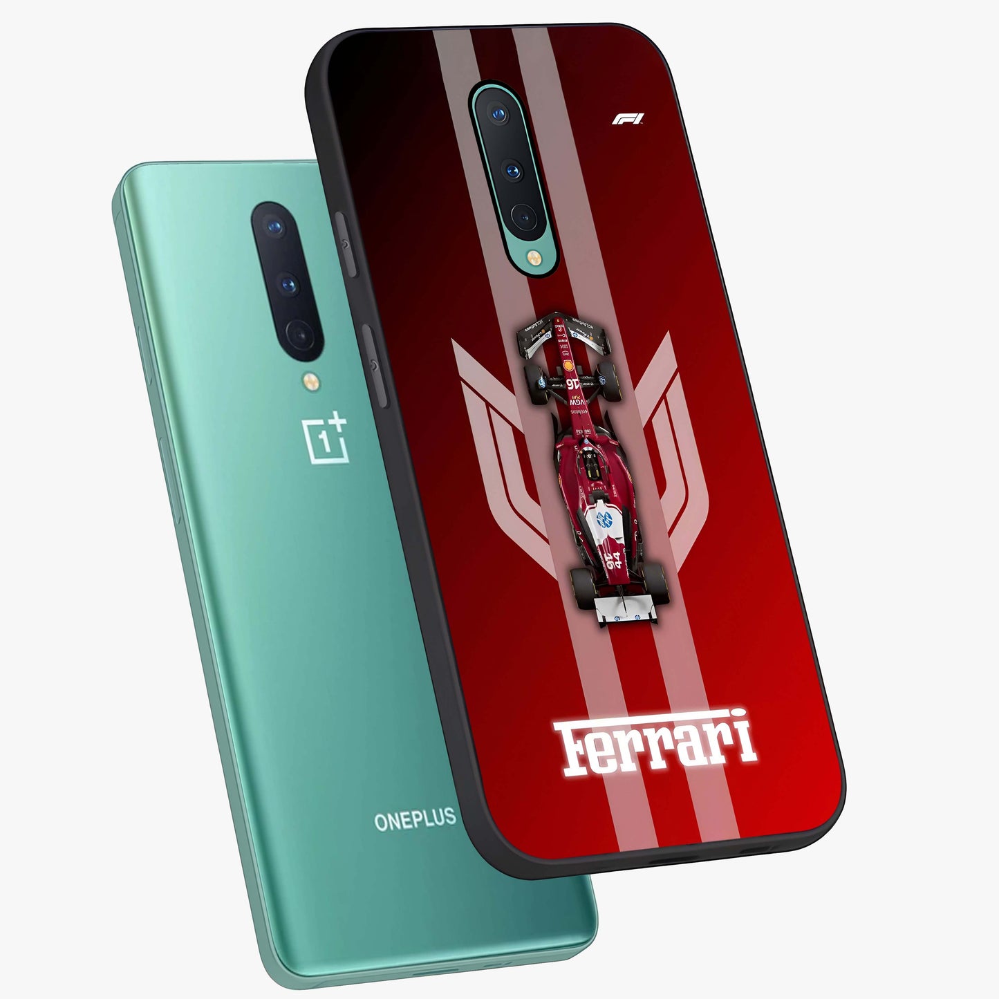 Red Ferrari F1 Vertical Glass Case displayed in angled mockup highlighting high speed racing design with bold automotive aesthetic.