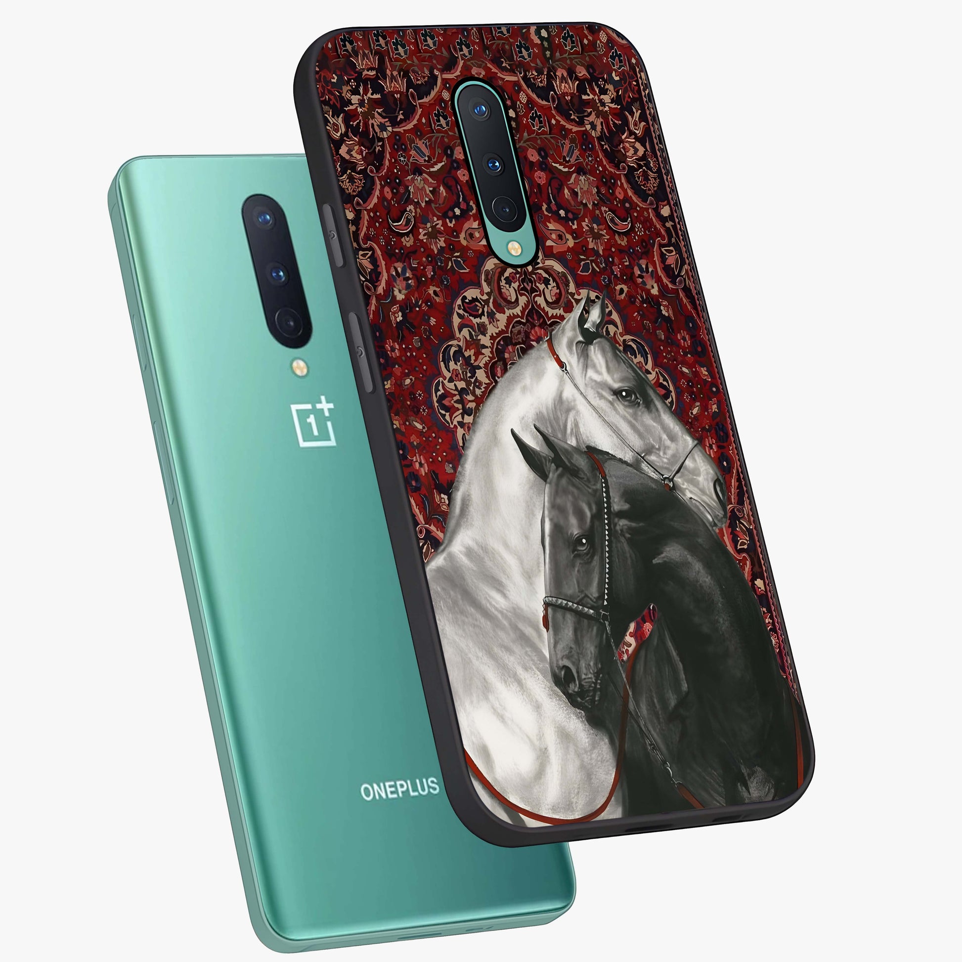 Regal Stallion Tapestry Glass Case displayed in angled mockup highlighting royal stallion design with decorative heritage aesthetic.