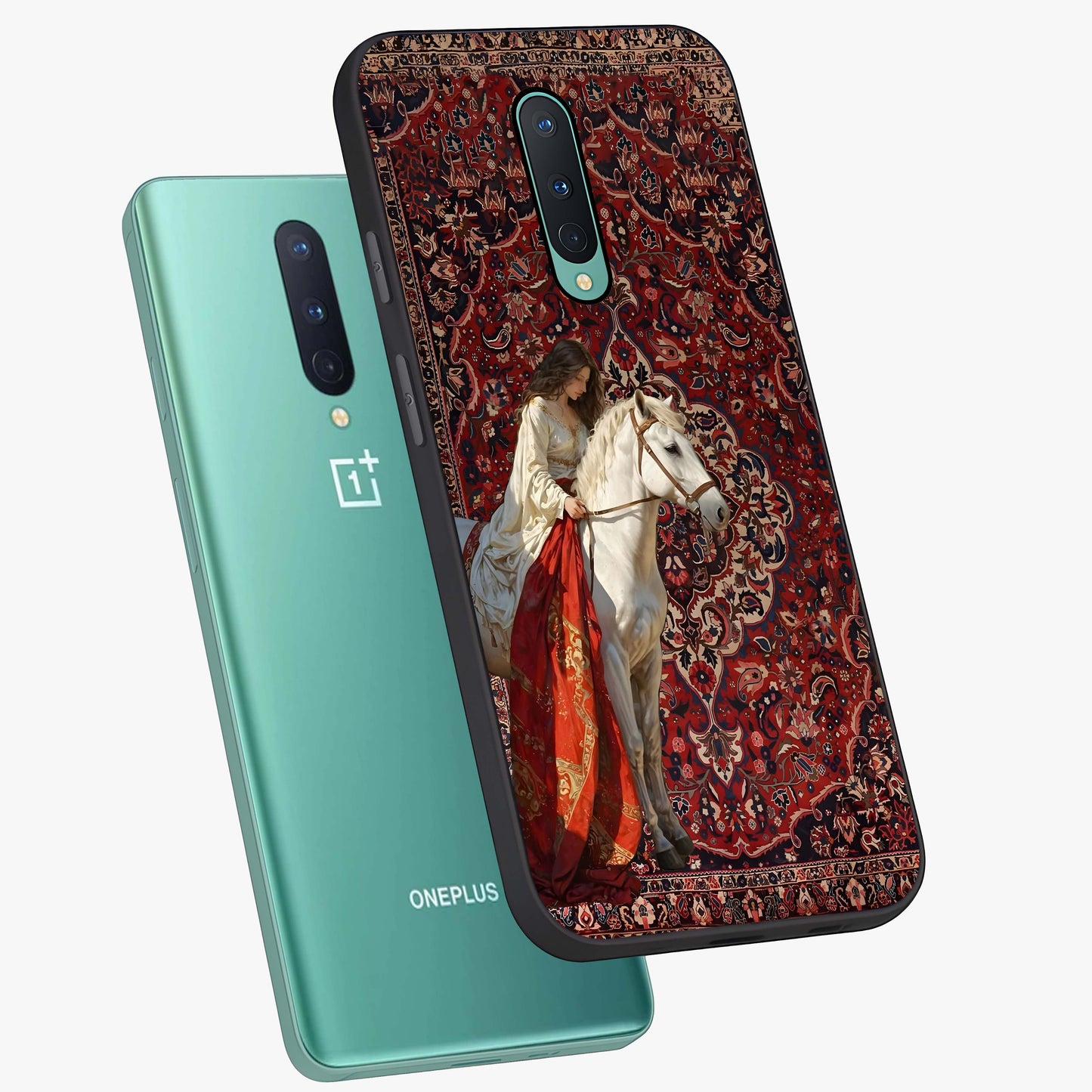 Royal Rider Tapestry Glass Case displayed in angled mockup highlighting traditional tapestry design with royal heritage aesthetic.
