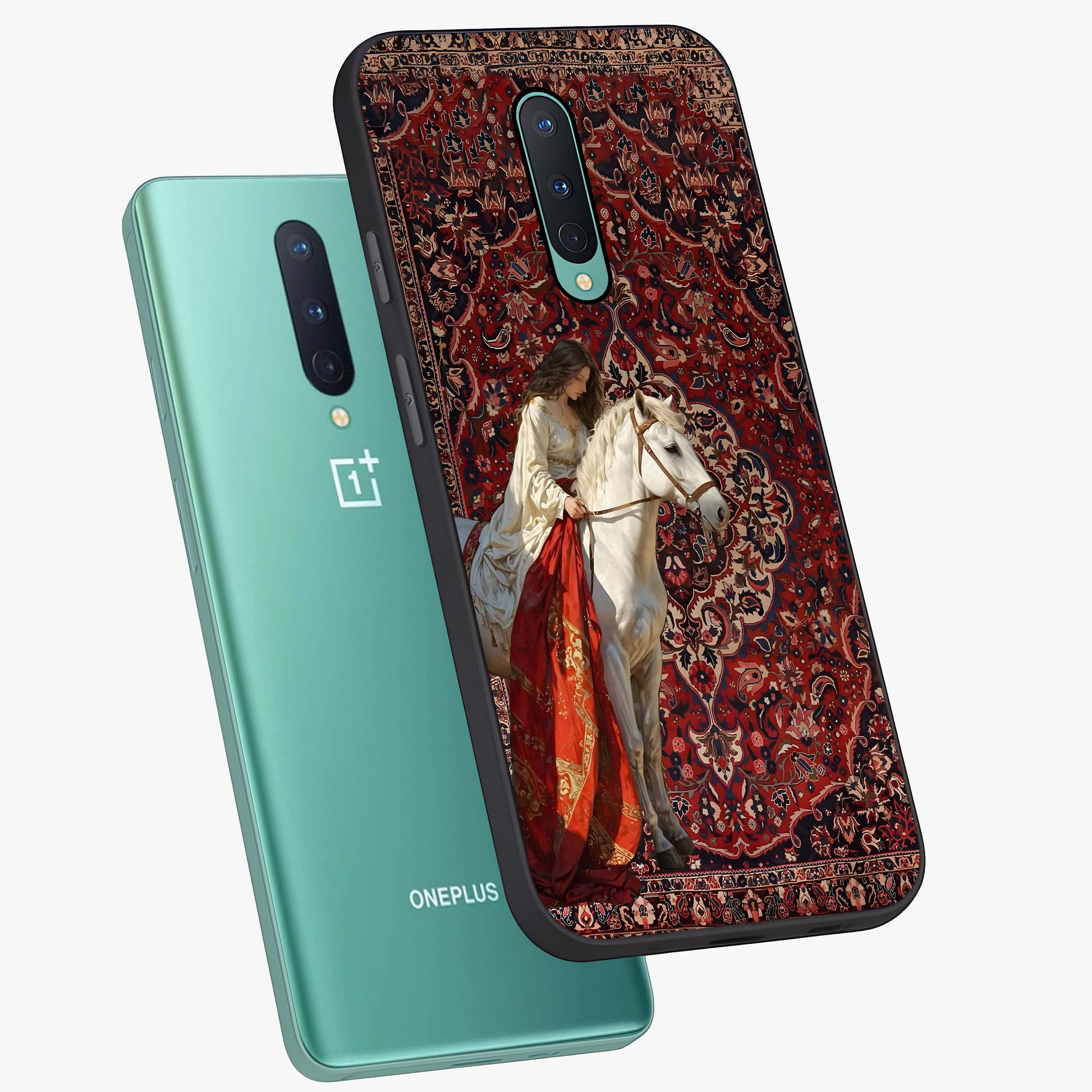 Royal Rider Tapestry Glass Case displayed in angled mockup highlighting traditional tapestry design with royal heritage aesthetic.