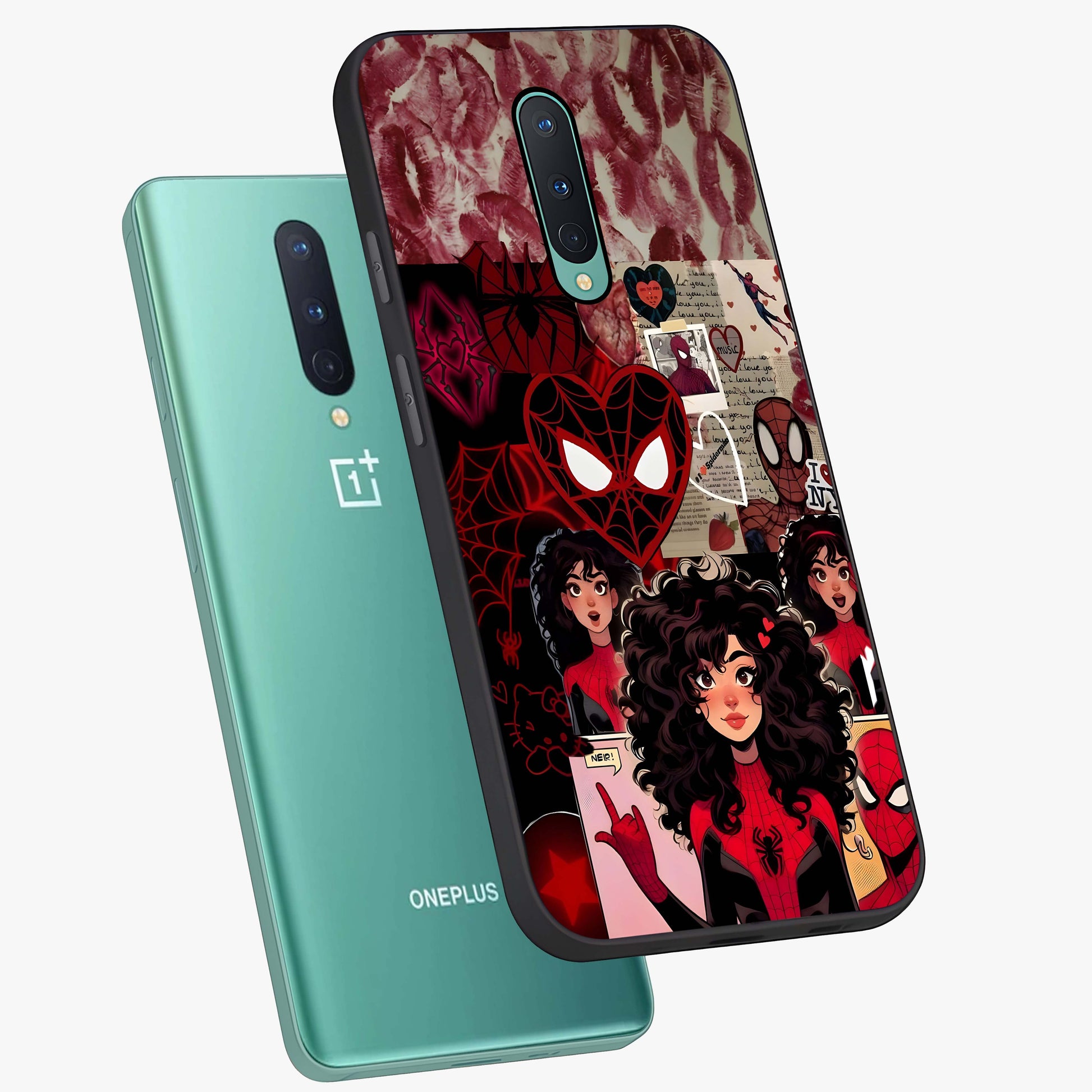 Spider Love Story Glass Case displayed in angled mockup highlighting expressive comic inspired design with playful aesthetic.