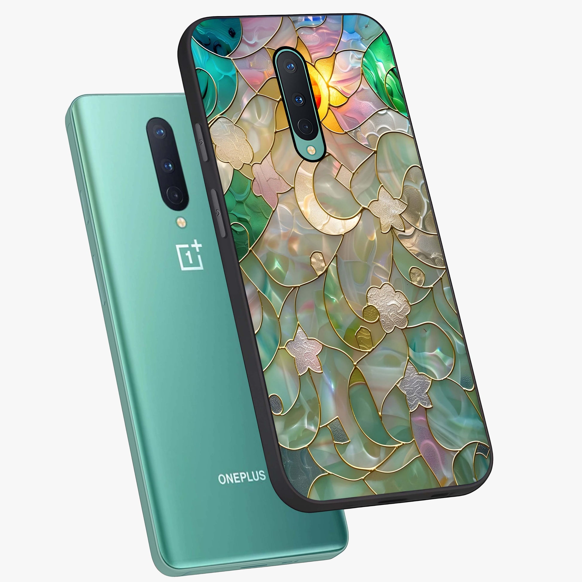 Stained Sunrise Glow Glass Case displayed in angled mockup highlighting radiant sunrise design with artistic aesthetic style.