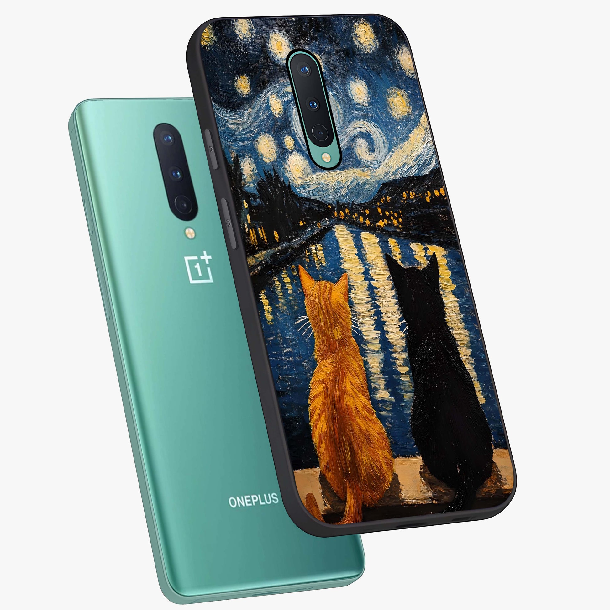 Starry River Cats Glass Case displayed in angled mockup highlighting charming feline illustration with dreamy night aesthetic.