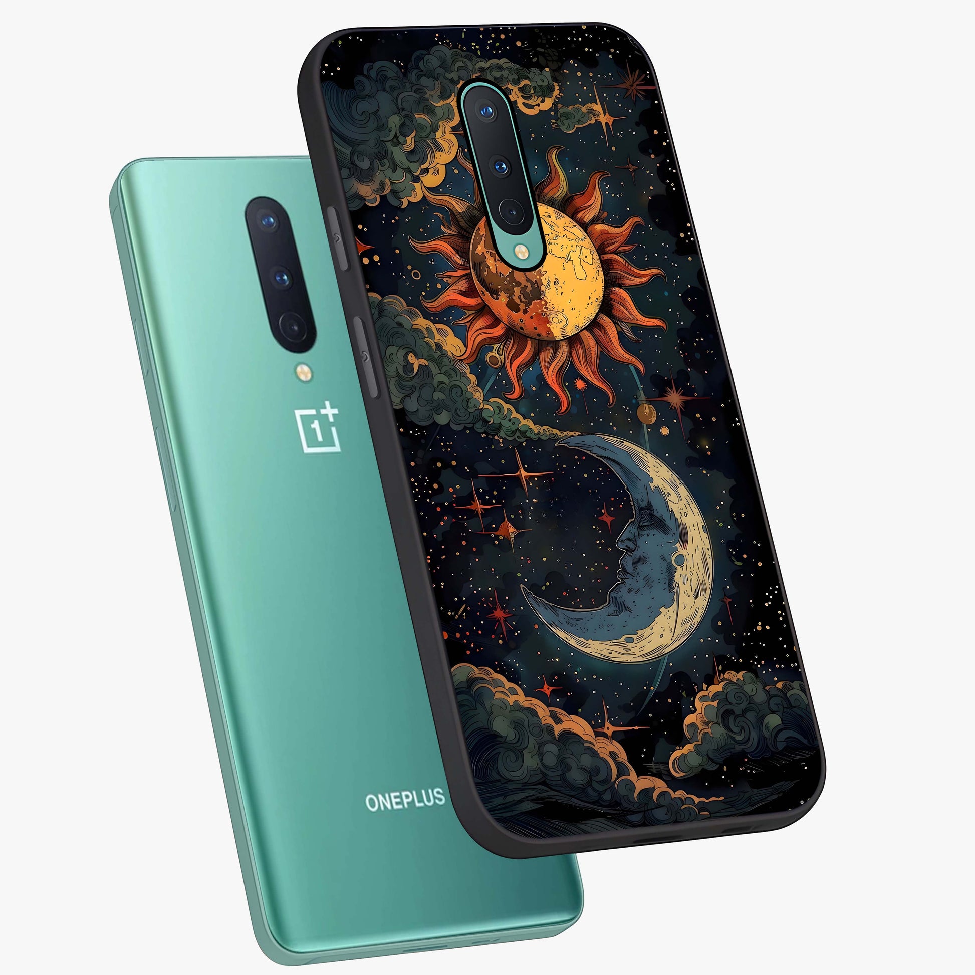 Sun And Moon Magic Design Glass Case displayed in angled mockup highlighting celestial design with magical cosmic aesthetic.