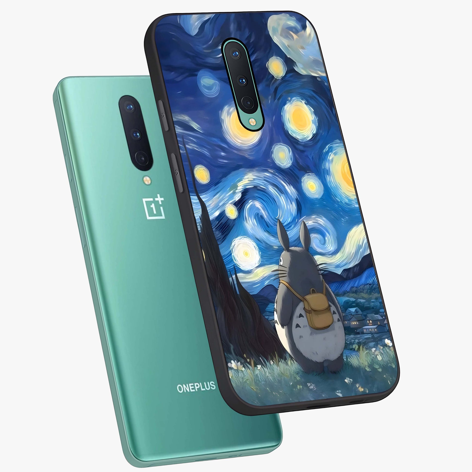 Totoro In Van Gogh Art Glass Case displayed in angled mockup highlighting artistic swirling sky design with playful animation aesthetic.