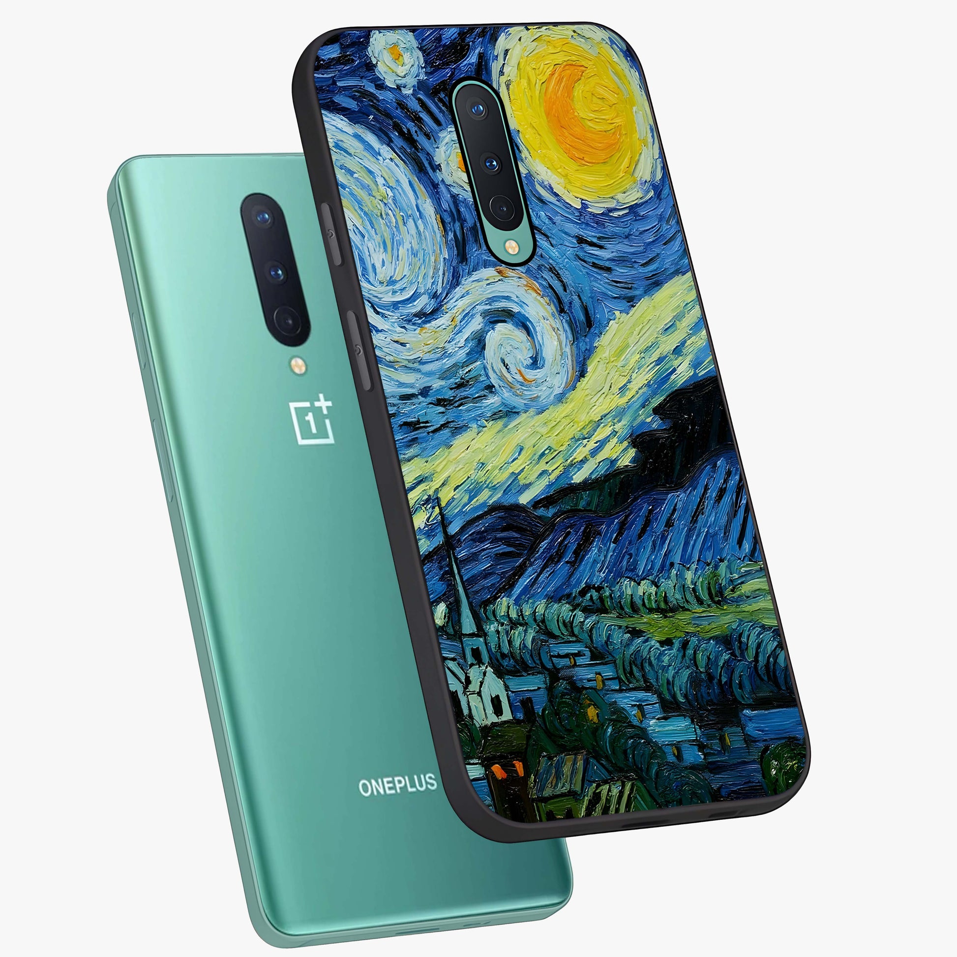 Van Gogh Art Glass Case displayed in angled mockup highlighting swirling brushstroke design with artistic aesthetic.