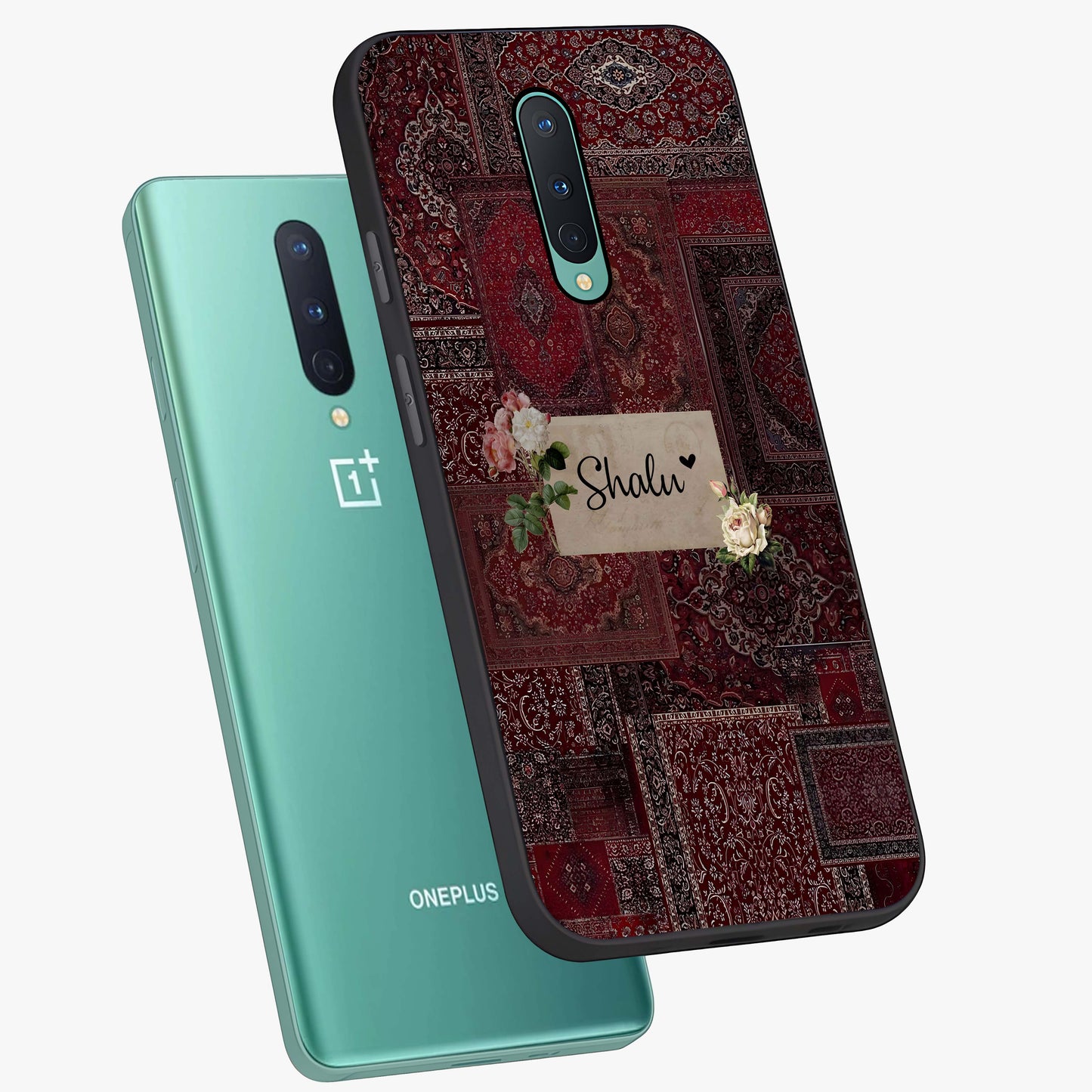 Velvet Wine Pattern Custom Name Glass Case displayed in angled mockup highlighting decorative velvet inspired design with custom name feature.