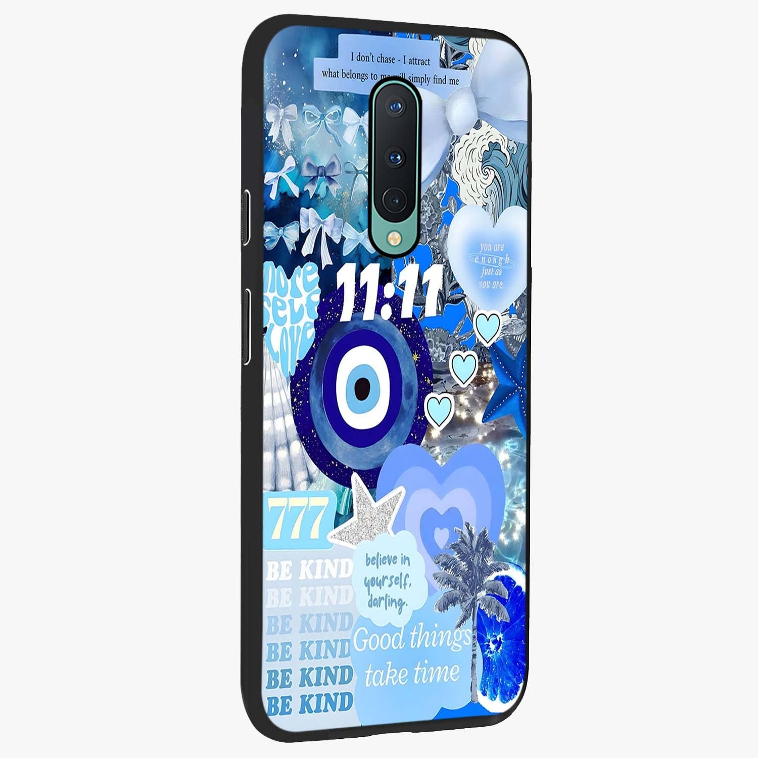 Aesthetic Be Kind Eye Glass Case upright view showcasing stylish eye illustration with positive message theme.
