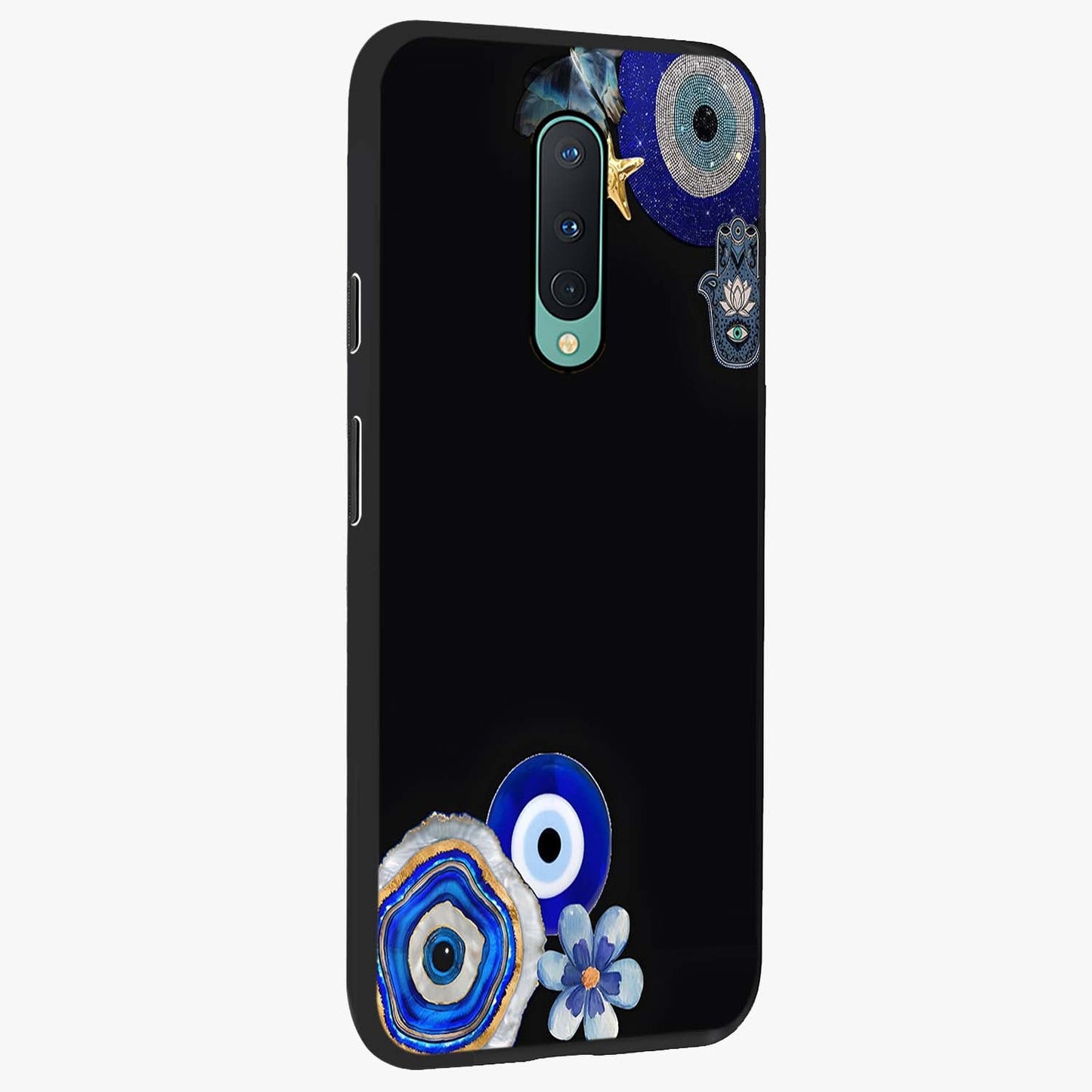Aesthetic Blue Evil Eye Glass Case upright view showcasing mystical evil eye graphic with minimal aesthetic style.