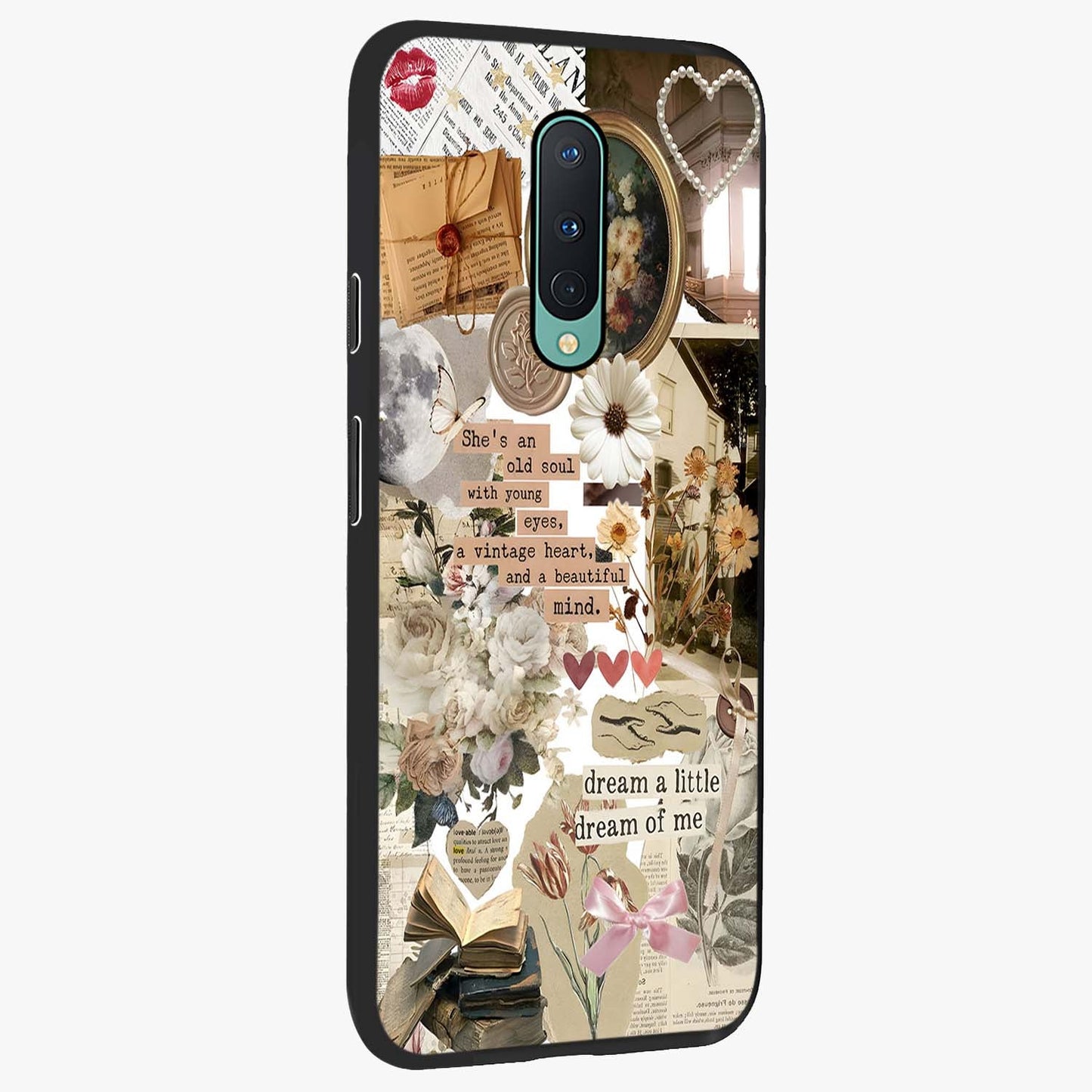 Aesthetic Brown Vintage Collage Glass Case upright view showcasing nostalgic retro artwork with stylish vintage theme.