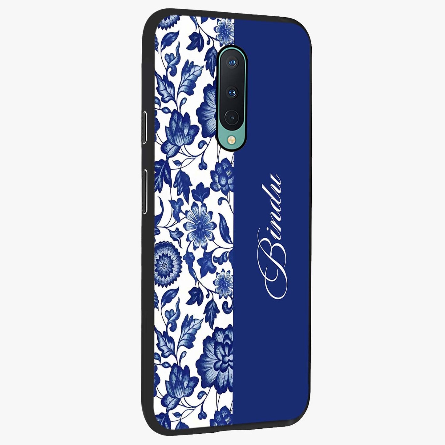 Blue Vintage Floral Pattern Glass Case upright view showcasing delicate blush floral texture with modern minimal style.