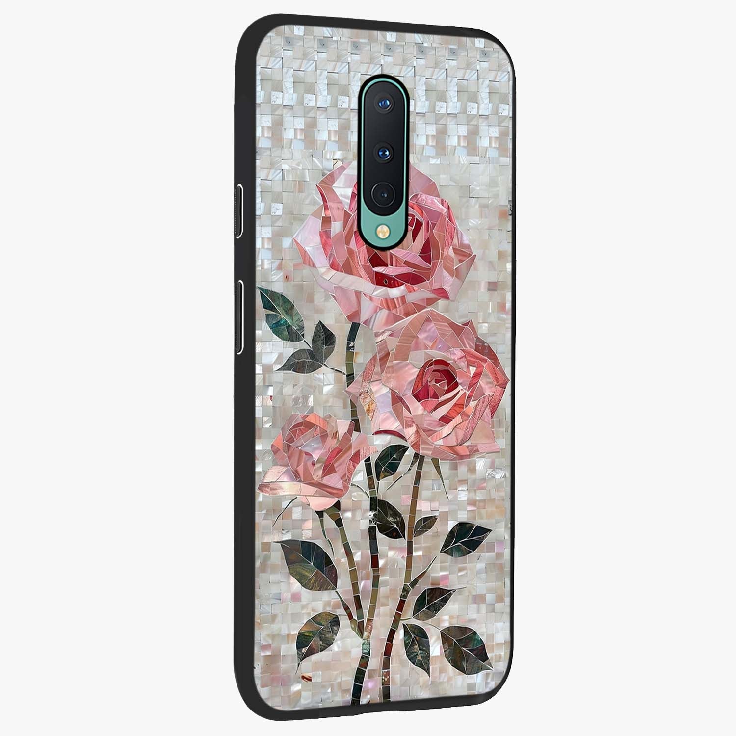 Blush Mosaic Bloom Glass Case upright view showcasing decorative floral mosaic artwork with stylish modern aesthetic.
