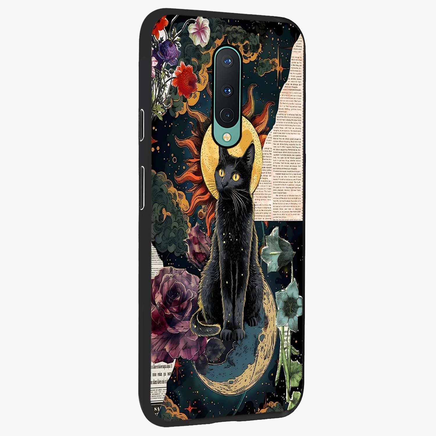 Celestial Black Cat Glass Case upright view showcasing magical black cat illustration with starry cosmic theme.