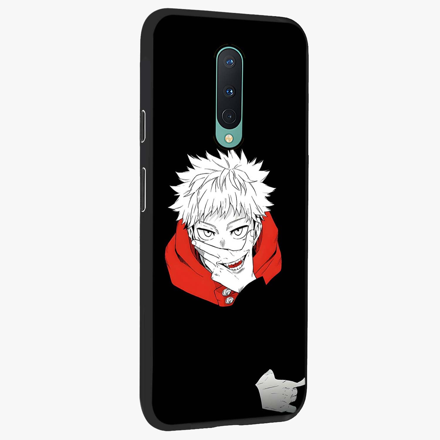 Crimson Chaos Smile Glass Case upright view showcasing expressive chaotic artwork with striking visual theme.