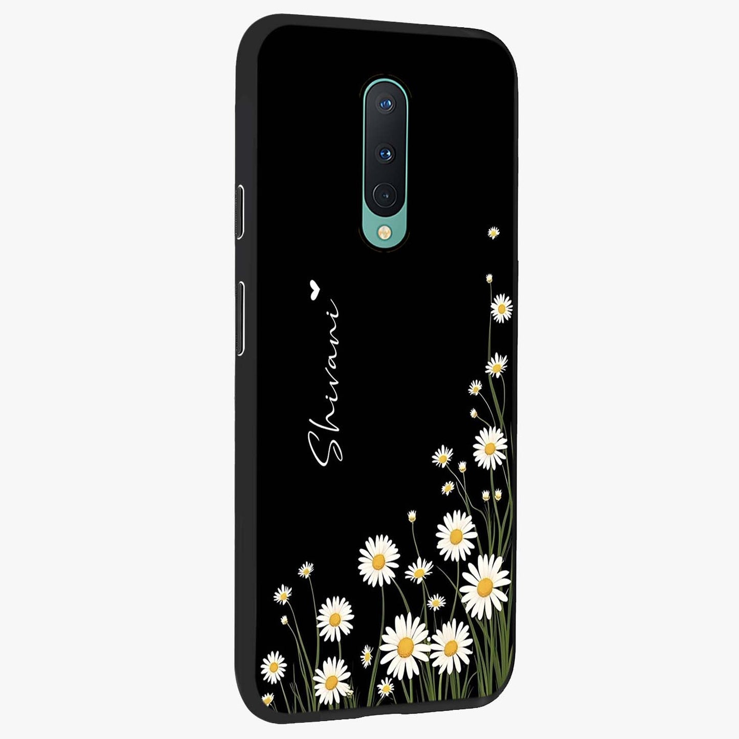 Daisy Cascade Custom Name Glass Case upright view showcasing elegant floral cascade design with personalized aesthetic.