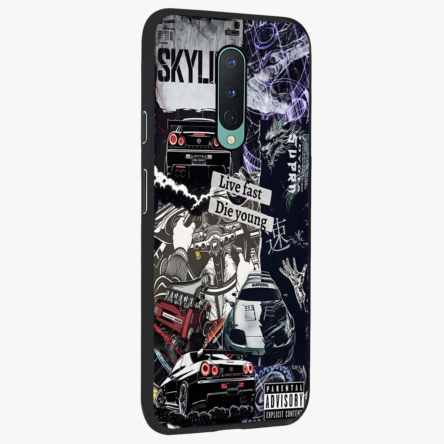 Die Young Glass Case upright view showcasing striking typography artwork with modern statement theme.