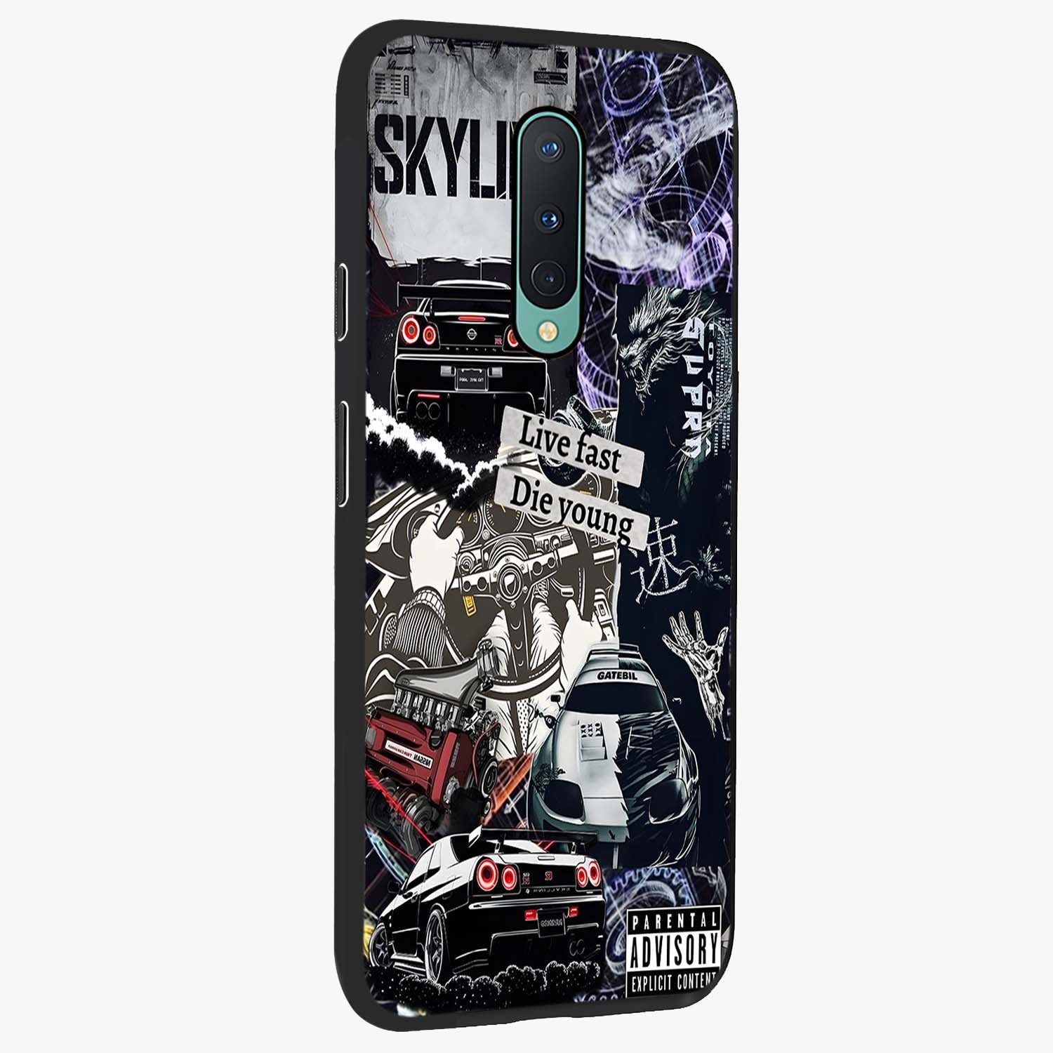 Die Young Glass Case upright view showcasing striking typography artwork with modern statement theme.