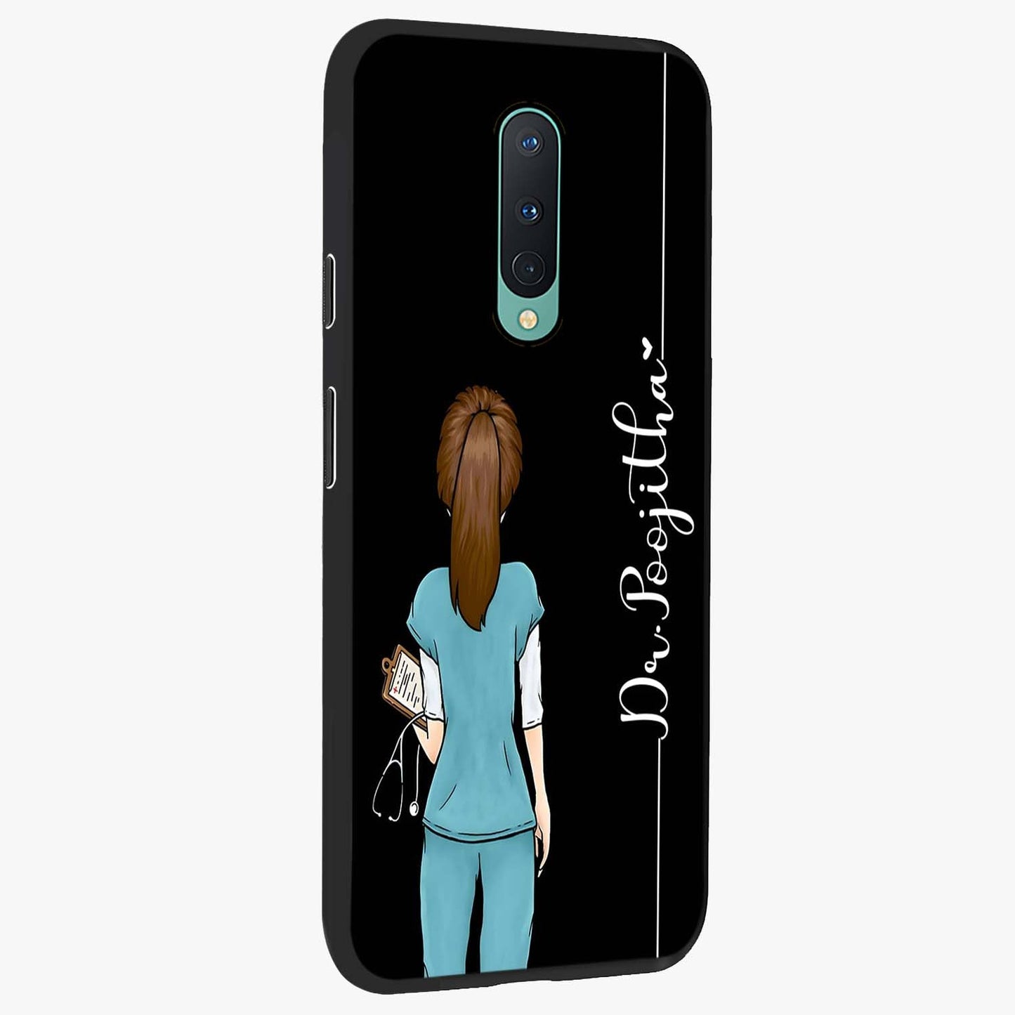Doctor Pattern Custom Name Glass Case upright view showcasing healthcare themed design with personalized aesthetic.