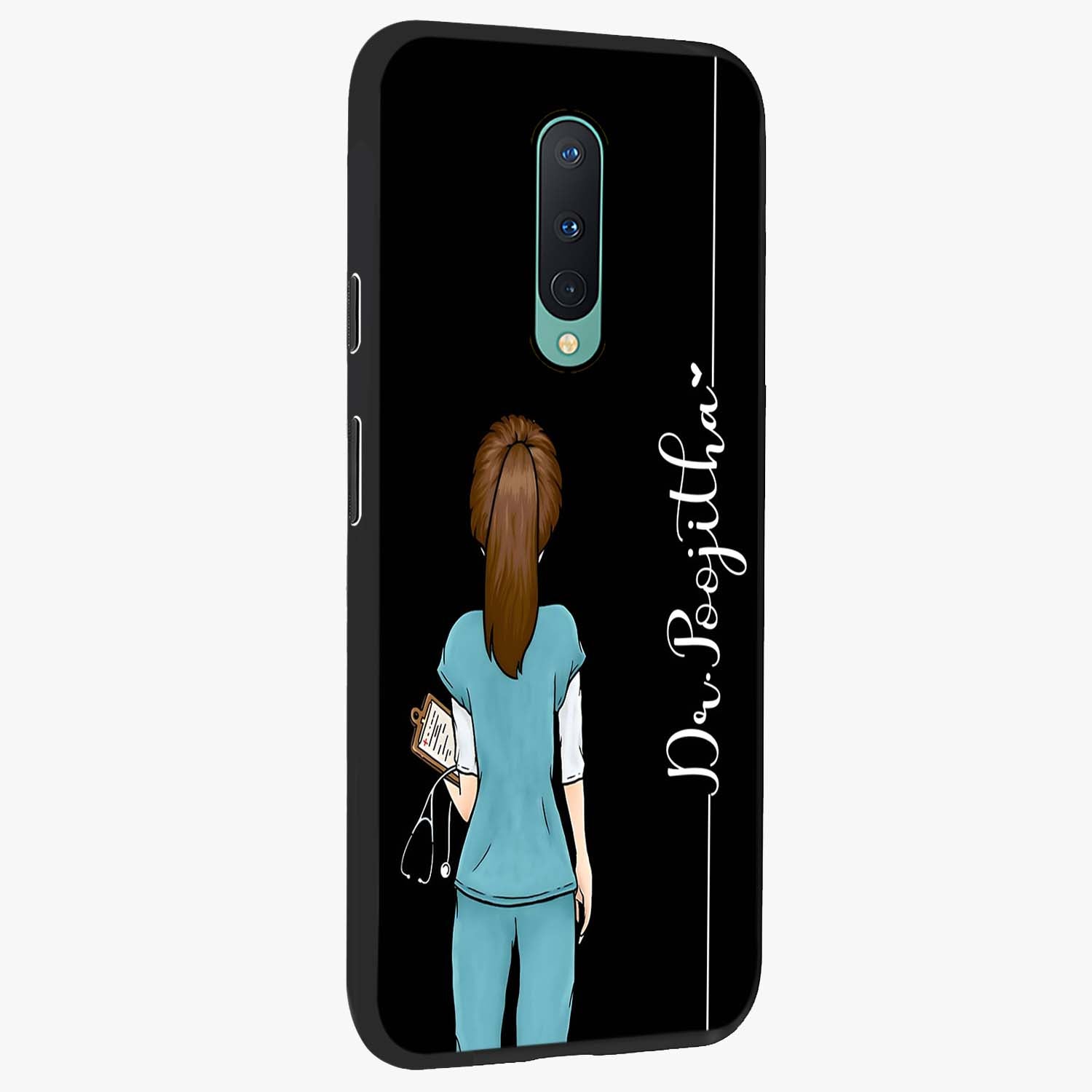 Doctor Pattern Custom Name Glass Case upright view showcasing healthcare themed design with personalized aesthetic.