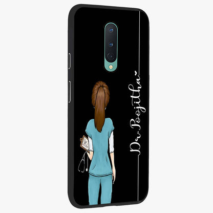 Doctor Pattern Custom Name Glass Case upright view showcasing healthcare themed design with personalized aesthetic.