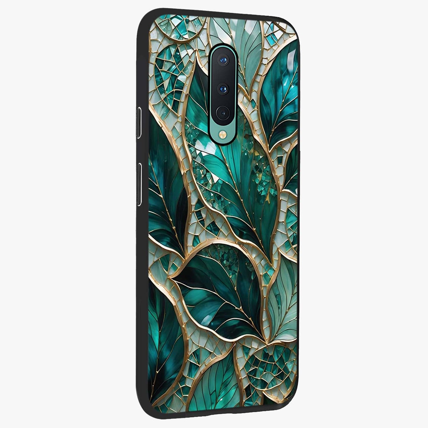 Emerald Leaf Glass Glass Case upright view showcasing fresh green leaf artwork with calming nature inspired style.