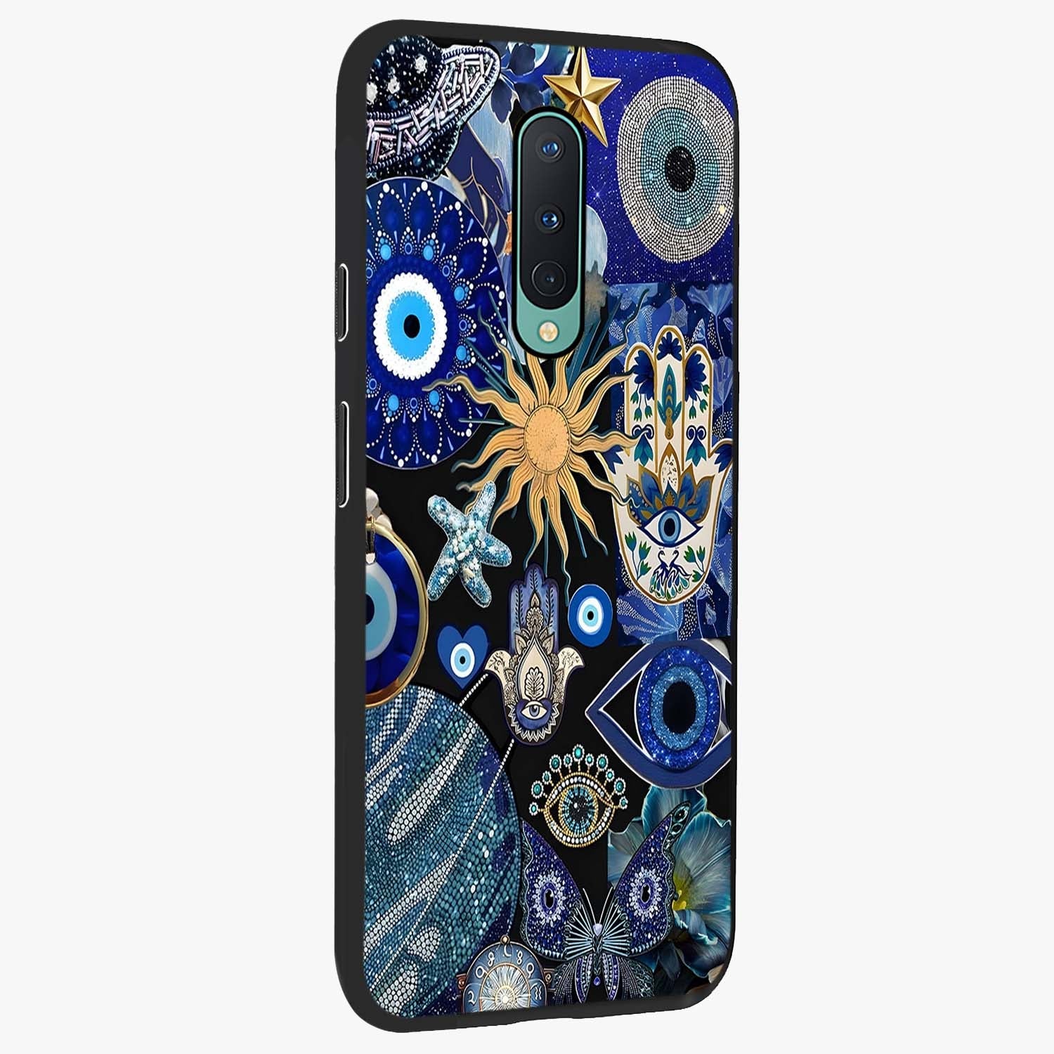Evil Eye Charm Mix Glass Case upright view showcasing mystical evil eye pattern with vibrant decorative style.